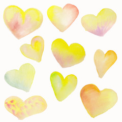 Set of yellow and orange watercolor heart, hand drawn, isolated on white background