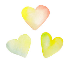 Set of yellow and orange watercolor heart, hand drawn, isolated on white background