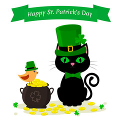 St.Patrick s Day. Black cat in a green hat of a leprechaun, a kettle with gold coins and a bird in a green hat, clover. Cartoon style, flat design. Vector illustration