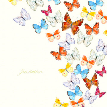 invitation card with flying colorful butterflies for your design. watercolor painting