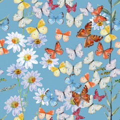 fancy seamless texture with flying colorful butterflies above meadow flowers. watercolor painting
