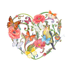 lovely invitation card with flourishing heart and a cute bird. watercolor painting
