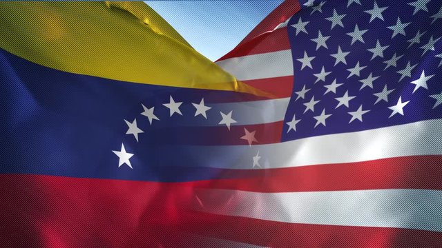 USA AND VENEZUELA COUNTRY FLAGS, CRISIS, CONFLICT, INTERVENTION, 3D Animation, Simulation, HD.  Venezuela, January 30. 2019.