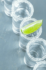 Mexican Tequila in short glasses with lime and salt