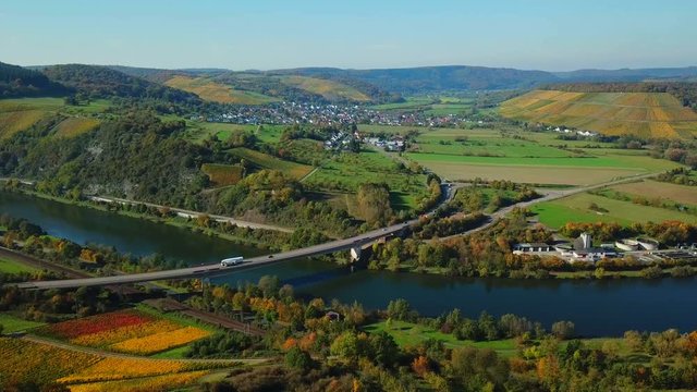 Aerial view of Saar River near Ayl in autumn, Saar Valley near Saaburg, Rhineland-Palatinate, Germany