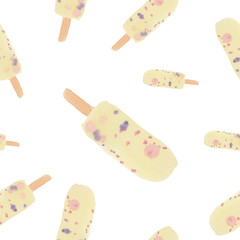watercolor seamless pattern, vanilla ice cream, hand-drawn, isolated on white background 