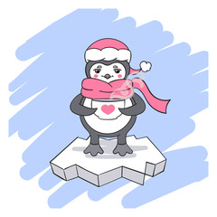 Valentine's day card with penguin on ice floe with cup of tea in it's wings