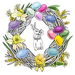Wreath with elements for Happy  Easter decoration. Hand drawn sketch for template, greeting card or invitation.