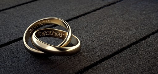 Two wedding rings intertwined with phrase always together in English