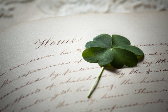 Pressed Four Leaf Clover and Antique Calligraphy Handwriting about Home