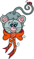Cute mouse with red ribbon bow and ladybug
