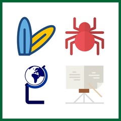 4 grunge icon. Vector illustration grunge set. surfboard and globe icons for grunge works