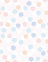 Hand Drawn Cute Floral Vector Pattern. Blue, Pink, Yellow and White Flowers on a Light Beige Background. Delicate Pastel Colors. Tiny Pink Irregular Dots Among Flowers. Infantile Style Repeatable Art.