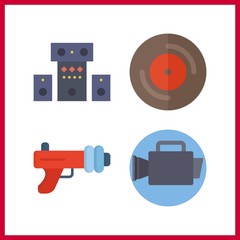 4 record icon. Vector illustration record set. video camera and vinyl icons for record works