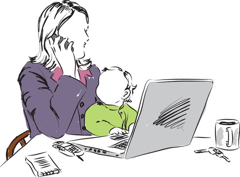 mom working at home with baby illustration