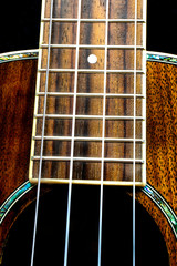 Macro photo of a Hawaiian Ukulele guitar neck.