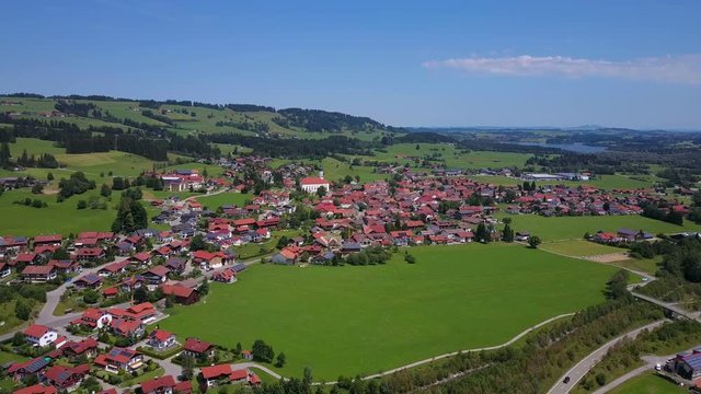 Aerial view of the town of Wertach with Lake Gruntensee, Allgau Alps, Swabia, Bavaria, Germany, Europe