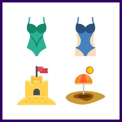 4 sand icon. Vector illustration sand set. sand castle and swimsuit icons for sand works