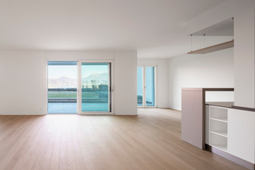 Fototapeta na wymiar Modern living room with white walls, parquet and windows
