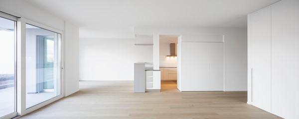 Fototapeta na wymiar Modern living room with white walls, parquet and windows