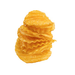 Tower of potato chips isolated on white background.