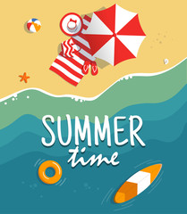 Aerial view of summer beach. Background tamplate with text summer time. Vacation on the tropical seaside. Holiday on sea sand. Concept for poster and other promotional material. Vector illustration.