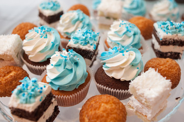 Different delicious cakes. Beautiful candy bar.