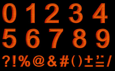Orange wooden arithmetic signs and numbers on black background