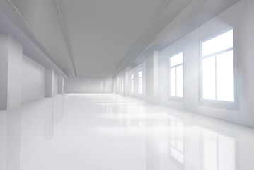Room with large windows. Empty office interior. Illuminating sun rays. Vector illustration.