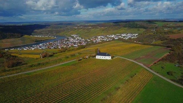 Aerial view of the St. Rochus chapel in the vineyards near Nittel, Obermosel, Moselle Valley, Rhineland-Palatinate, Germany