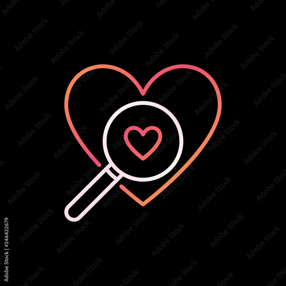 Poster heart with magnifier outline colorful icon. vector searching a love concept line symbol on dark back