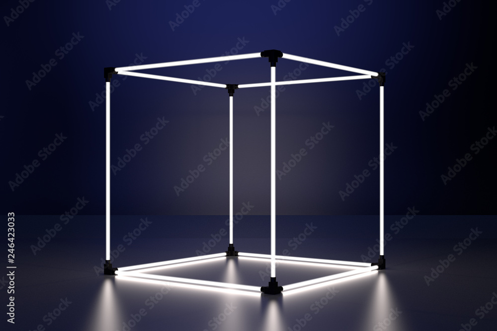 Poster neon glowing cube in interior room. empty showcase display. 3d rendering.