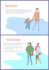 Couple and mum with child going outdoor in jacket with scarf and hat with mittens. Walking people in wintertime. Set of characters, card with text vector