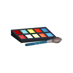 Eye shadow palette with different colors and brush for actor makeup. Facial cosmetic. Beauty theme. Flat vector icon