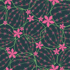 Round blooming cactus hand drawn line art doodle style seamless pattern in dark green and pink color. Vector.