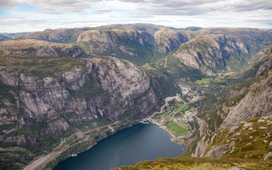 Lysebotn at Lysefjord as viewed from Kjerag mountain Forsand Rogaland Norway Scandinavia