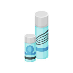 Flat vector set of small and big cosmetic spray cans. Beauty industry. Blue bottles with gray lids