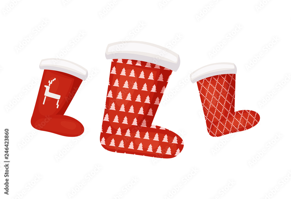Poster collection of santa red sock with print of deer and trees with pattern of line with fur. decoration 