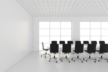 White meeting room with panoramic window. 3d rendering.