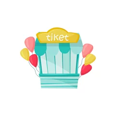 Fototapeten Small blue ticket booth or kiosk decorated with air balloons. Amusement park. Entertainment theme. Flat vector icon © Happypictures
