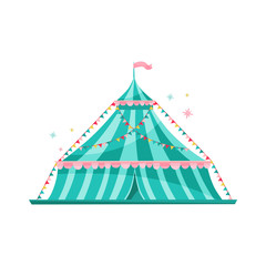 Large blue striped circus tent decorated with bunting flags. Amusement park theme. Flat vector design