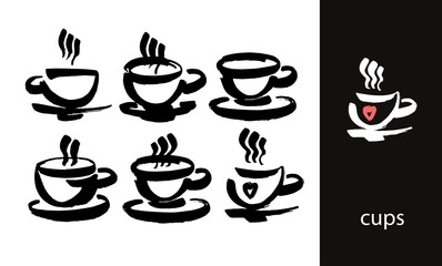 Coffee and tea cups symbols for fast food or restaurant design. Modern brush ink. Isolated on white background.