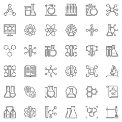 Fototapeta premium Chemical research linear icons set. Vector Chemistry concept signs in thin line style