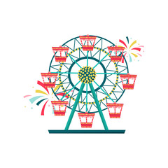 Ferris wheel with red cabins. Amusement park equipment. Entertainment theme. Flat vector design