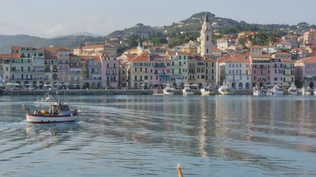Port Area, Harbour and town as backdrop, Oneglia, Imperia, Province of Imperia, Liguria, Italy, Europe 