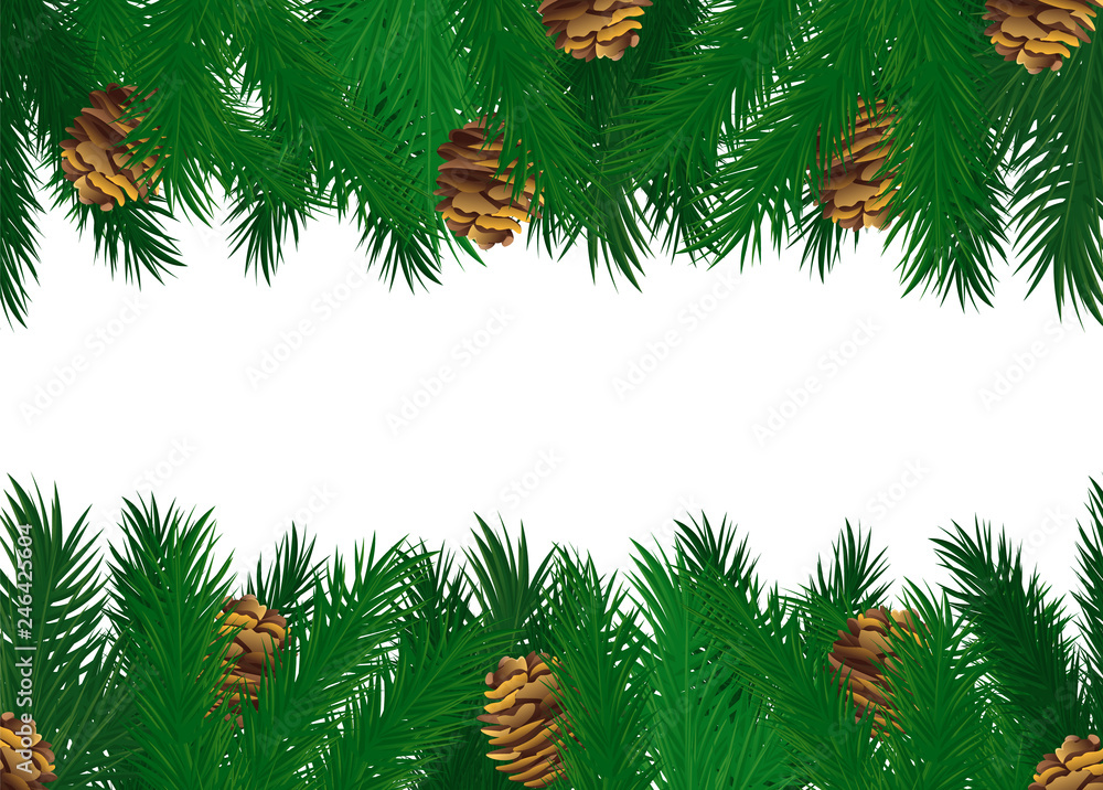 Poster pine tree cones on green spruce branches vector frame isolated. fir elements of evergreen tree, deco