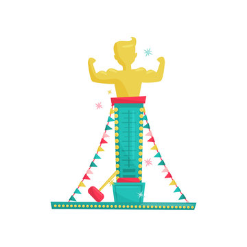 Flat vector icon of high striker attraction with big hammer and muscular man on top. Amusement park equipment