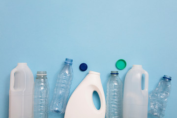 Top view of rubbish for recycling on a blue background