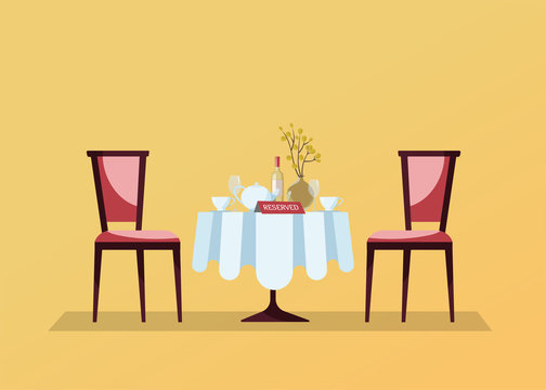 Reserved restaurant round table with white tablecloth, wineglasses, wine bottle, pot, cuts, reservation tabletop sign on it and two soft chairs. Flat cartoon vector illustration on yellow background
