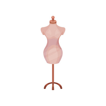 Vintage female mannequin on wooden stand. Item for dressing room. Dummy for costumes. Flat vector icon